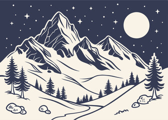 Scenic Winter Landscape at Night with Full Moon and Snowy Mountains