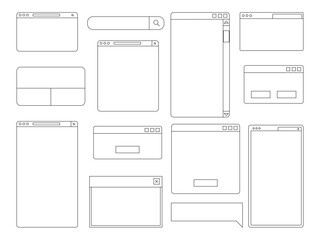 Minimalist User Interface Design Bundle. A set of 13 clean-lined UI wireframe elements, including browsers, chat boxes, search bars, and layouts for web and mobile designs