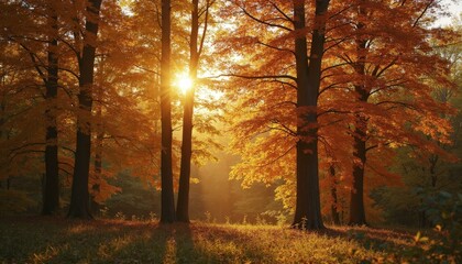 Autumn trees with vibrant leaves and sunlight filtering through the forest