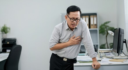 Concerned asian adult male experiencing chest pain in modern office setting