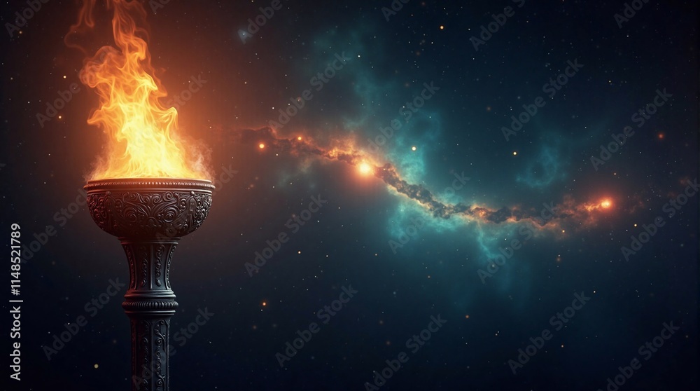 Wall mural burning torch against colorful night sky - generative ai