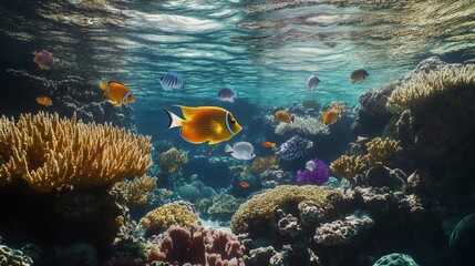 Obraz premium Bright tropical fish navigating a lively coral reef, with detailed coral formations and clear, blue ocean water creating a vivid underwater scene.