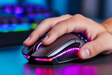 An ultra-detailed shot of a hand gripping a gaming mouse, with the RGB lighting reflecting off the polished desk and sweat on the player knuckles