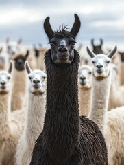 Obraz premium A close-up of a black llama standing proudly among a herd of white llamas in a serene landscape.