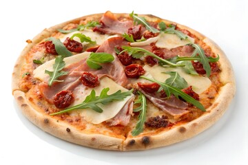 A detailed, realistic close up of a pizza on a pristine, bright white background