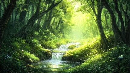 Fototapeta premium Sunlit Forest Stream A Tranquil Natural Scene