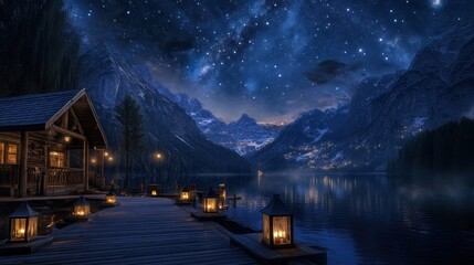 Fototapeta premium Mountain Lake Cabin Night Starscape Tranquil Scene