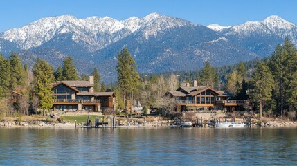 Naklejka premium Lakeside Luxury Homes Mountain View Snow Capped Peaks