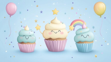 Whimsical vector with dancing cupcakes, rainbow balloons, and happy star characters on a soft blue background with glittering confetti.