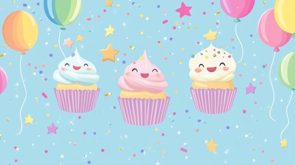 Whimsical vector with dancing cupcakes, rainbow balloons, and happy star characters on a soft blue background with glittering confetti.