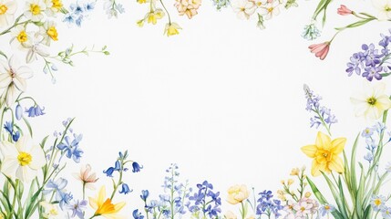 Watercolor background, pattern, seamless with daffodils, bluebells, lily of the valley and lilac	