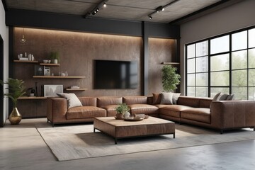 Fototapeta premium Industrial Living Room Design With Rich Brown L Shaped Sectional Sofa
