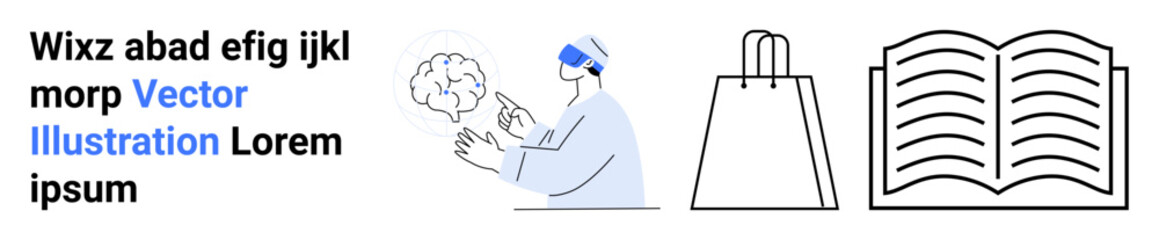 Scientist in virtual reality headset interacting with brain, shopping bag, open book, and placeholder text. Ideal for technology, education, science, e-commerce, virtual reality learning