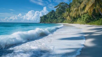 Secluded island shoreline featuring powdery white sand, gentle turquoise waves, and verdant palm trees against a clear, sunny sky.