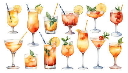 Vibrant watercolor illustration featuring a variety of summer cocktails, showcasing colorful drinks garnished with fresh fruits and aromatic herbs for a refreshing scene.