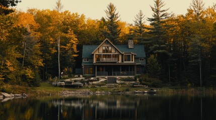 Fototapeta premium Lakeside House Autumn Forest Setting Scenic View