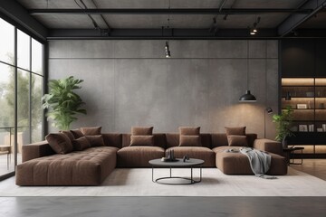 Industrial Living Room Design With Rich Brown L Shaped Sectional Sofa