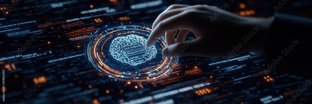 Poster close-up view of hand interacting with virtual screen displaying brain icon. icon surrounded by glow