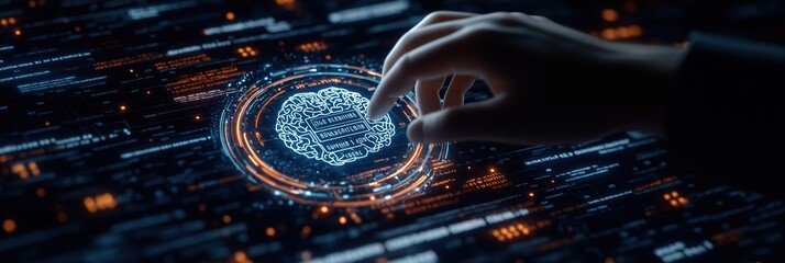 Close-up view of hand interacting with virtual screen displaying brain icon. Icon surrounded by glowing tech elements, data streams. Futuristic scene represents AI data science. Innovative digital