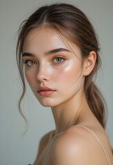 Naklejka premium Portrait of a beautiful young woman with perfect skin, hair tied in a ponytail, light make-up and bare shoulders posing on a soft light background, beauty and skincare concept.