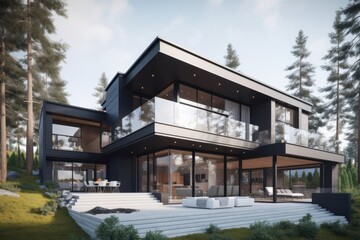 Fototapeta premium Modern Black House nestled amongst Tall Pine Trees