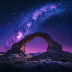 Natural Rock Arch under the Milky Way Galaxy at Twilight