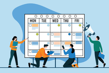 People organizing tasks on a large weekly calendar, project management, content scheduling, teamwork, productivity tools, event coordination, time management, and workplace collaboration visuals.