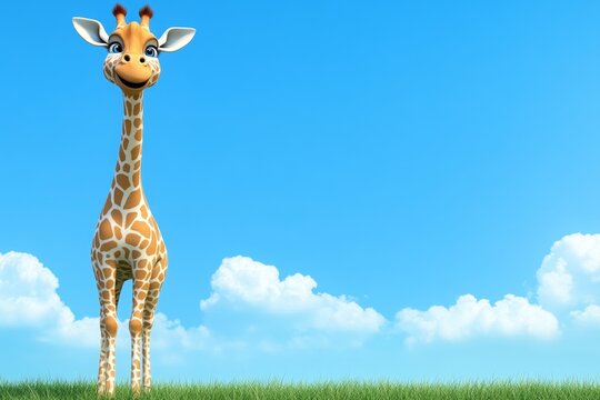 A 3D-rendered giraffe standing on a grassy hill with rolling clouds in the background, its textures highly detailed