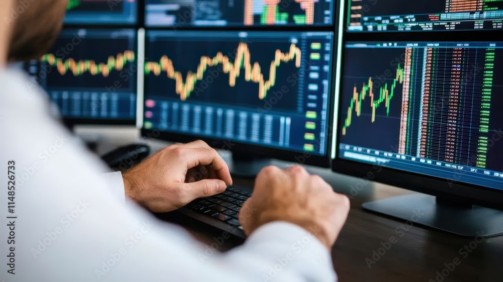 Poster a person engaged in developing an ai-based financial algorithm in a professional setting.