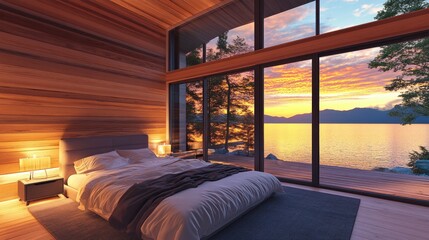 Sunset View Bedroom With Lake And Mountain Scenery