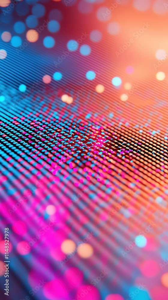 Poster vibrant abstract background with colorful bokeh lights and digital patterns.