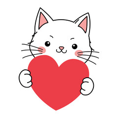 Cute little cat with red heart Valentines day doodle illustration