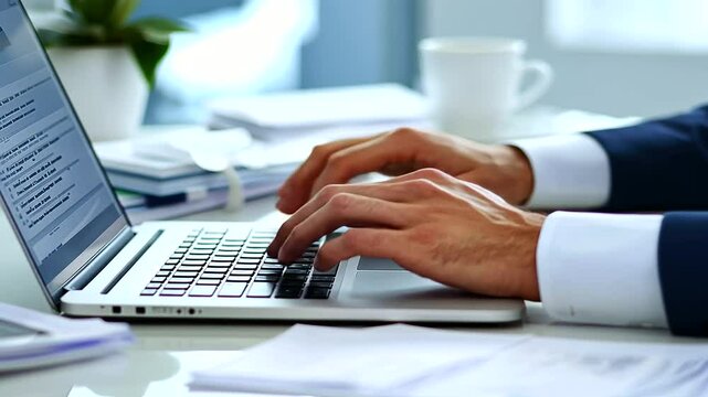 Hands Typing on Laptop with Documents in Modern Office Environment