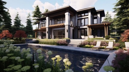 Fototapeta premium Modern House Design With Pool And Lush Landscaping