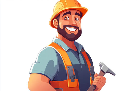 Cartoon illustration of happy smiling handyman in hard hat holding hammer. Isolate on white background