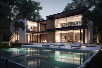 Obraz premium Modern House Design with Pool and Evening Lighting