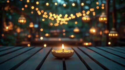 Golden diya candle on wooden terrace with twinkling lights, hanging lanterns. Outdoor decorated setting creates festive atmosphere. Copy space available. Traditional Indian festival theme. Image