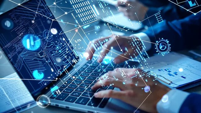 Hands Typing on Laptop with Documents in Modern Office Setting