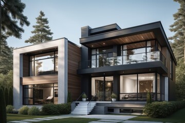 Fototapeta premium Modern Two Story House With Large Windows and Balcony
