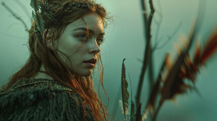 Ethereal portrait of epic young woman with ginger hair wearing dark textured garment against misty green background, adorned with feathers and natural elements. Shaman woman.