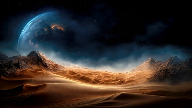 A vast desert stretches across the foreground, showcasing rolling sand dunes. In the background, a vibrant planet looms large in the dark twilight sky, surrounded by clouds and stars.
