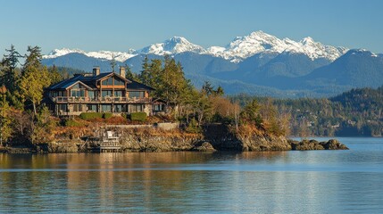 Obraz premium Luxurious Waterfront Home Nestled Amongst Majestic Mountains