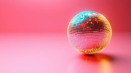 Shiny golden disco ball with reflective mirror tiles glowing vibrant colors on soft pink background perfect for party decoration dance event celebration festive mood lighting
