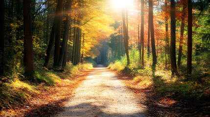 Fototapeta premium Sunlit path through autumnal forest. Golden leaves carpet the ground, sunlight streams through trees creating a magical scene. Perfect for nature, fall, and tranquility themes.