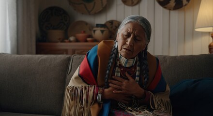 Obraz premium Elderly native american woman in traditional attire reflecting indoors