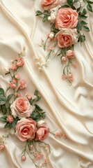 Delicate pink roses and blossoms arranged on a soft, creamy fabric, background, elegant background.