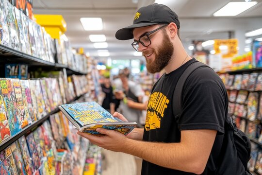 A comic book store filled with geeks browsing through stacks of rare issues, chatting excitedly about the latest superhero movie