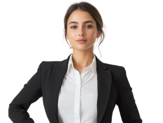 Confident woman in professional attire, wearing a black blazer and white shirt, standing against a transparent background