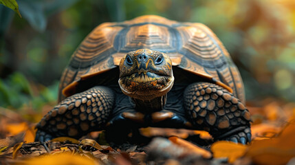 Naklejka premium Giant tortoise in the forest at Curieuse island, Seychelles.