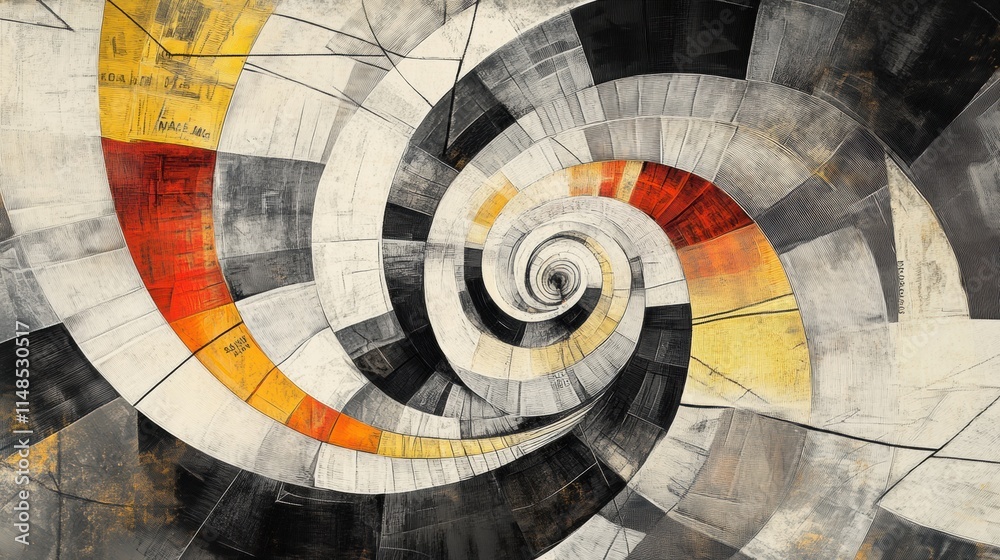 Aufkleber abstract spiral pattern featuring gray, black, yellow, and red tones in a dynamic design. generative